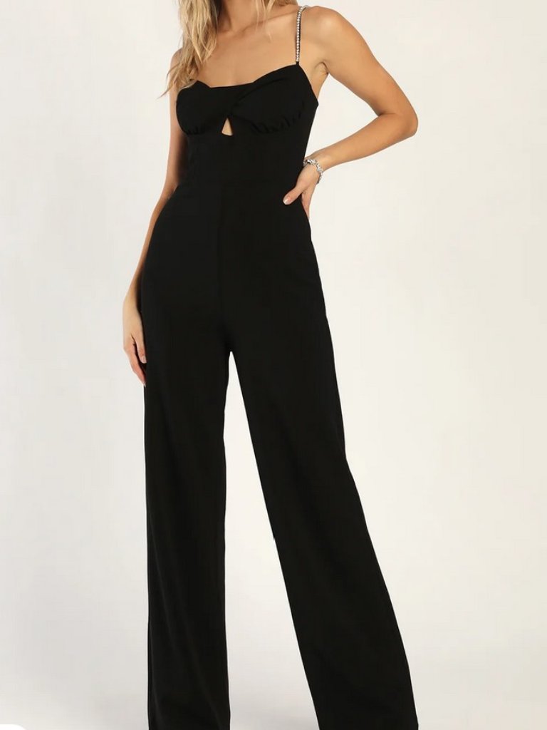 Lulus Famous Fashionista Black Rhinestone Wide-Leg Jumpsuit - Size Xs